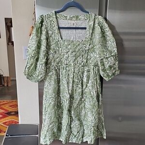 Anna Cate Harper Apple Mist Printed Smocked Quilted Puff Sleeve Mini Dress small